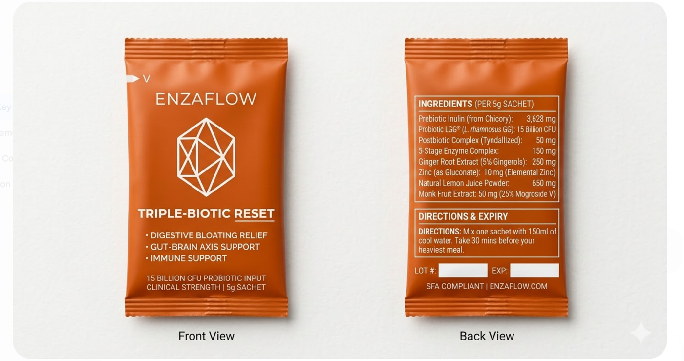 EnzaFlow sachet, front and back